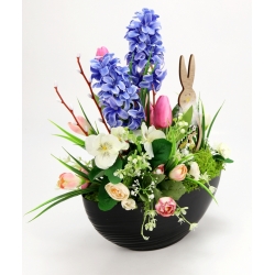 WIOSENNY Stroik kompozycja do domu z zajączkiem HIACYNTY BRATKI KROKUSY